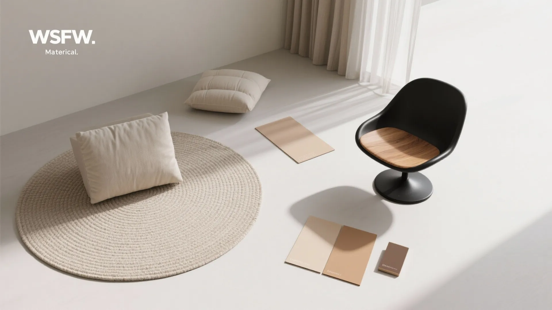 Flatlay of round rug, linen upholstery, oak, and sheer fabrics for glare control.