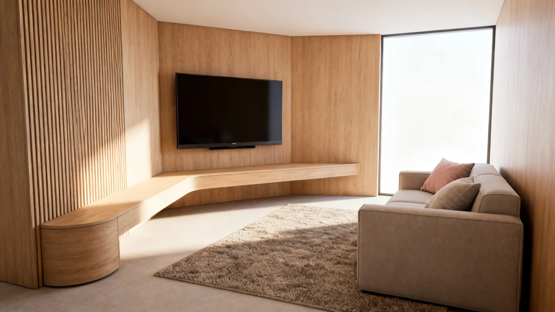 Angled media nook with a 45-degree corner-mounted TV, low wrap console, rug and cushions.
