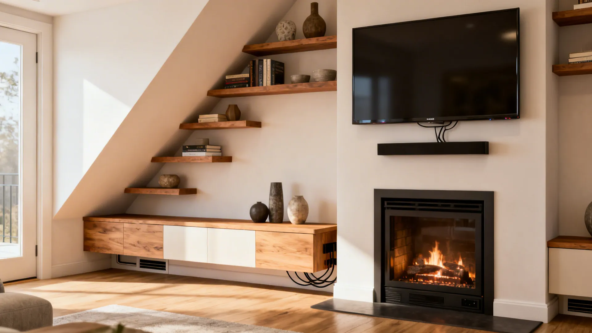 Living room wall featuring wooden shelves under sloped ceiling, TV above fireplace, and wooden cabinet