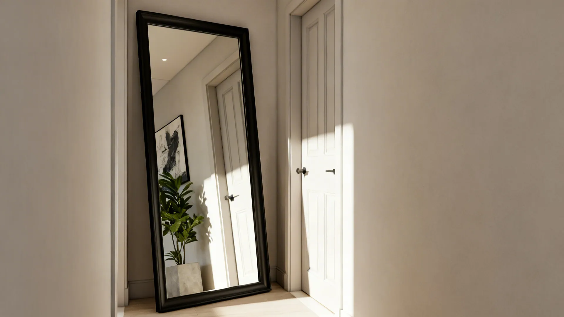 Mirror placed at the side of an entrance, angled to enhance light without facing the door