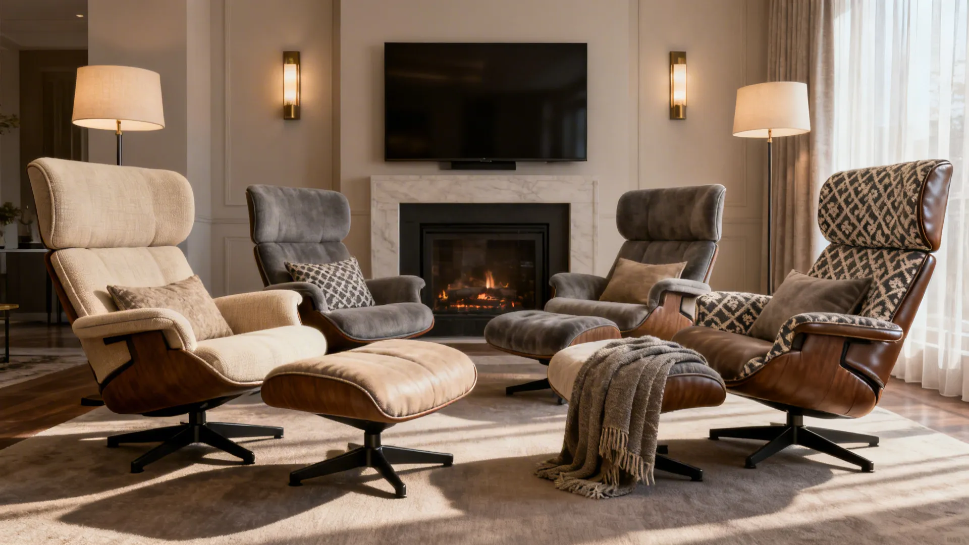 Angled swivel chairs in mixed fabrics arranged for a dynamic living room flow.