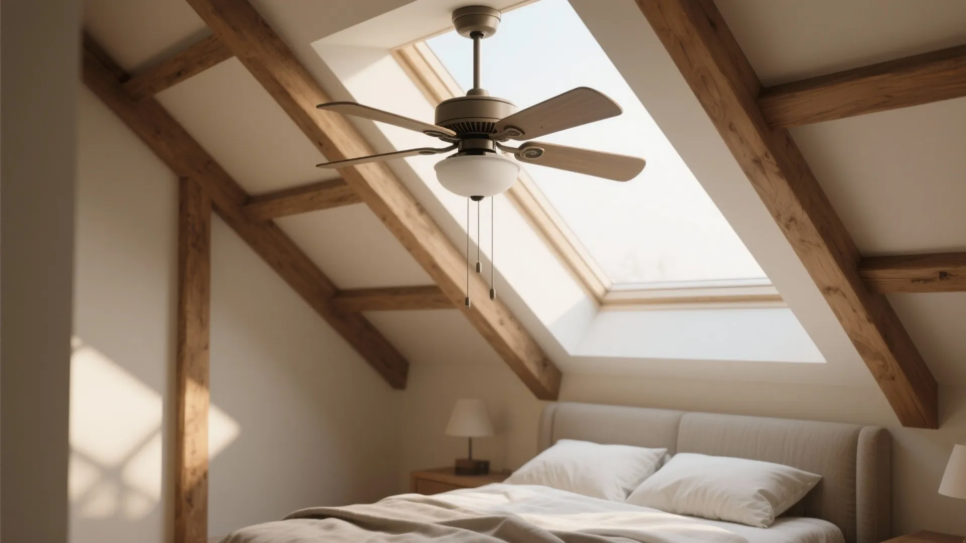 Wooden ceiling light with fan blades installed on a sloped roof window in cozy bedroom
