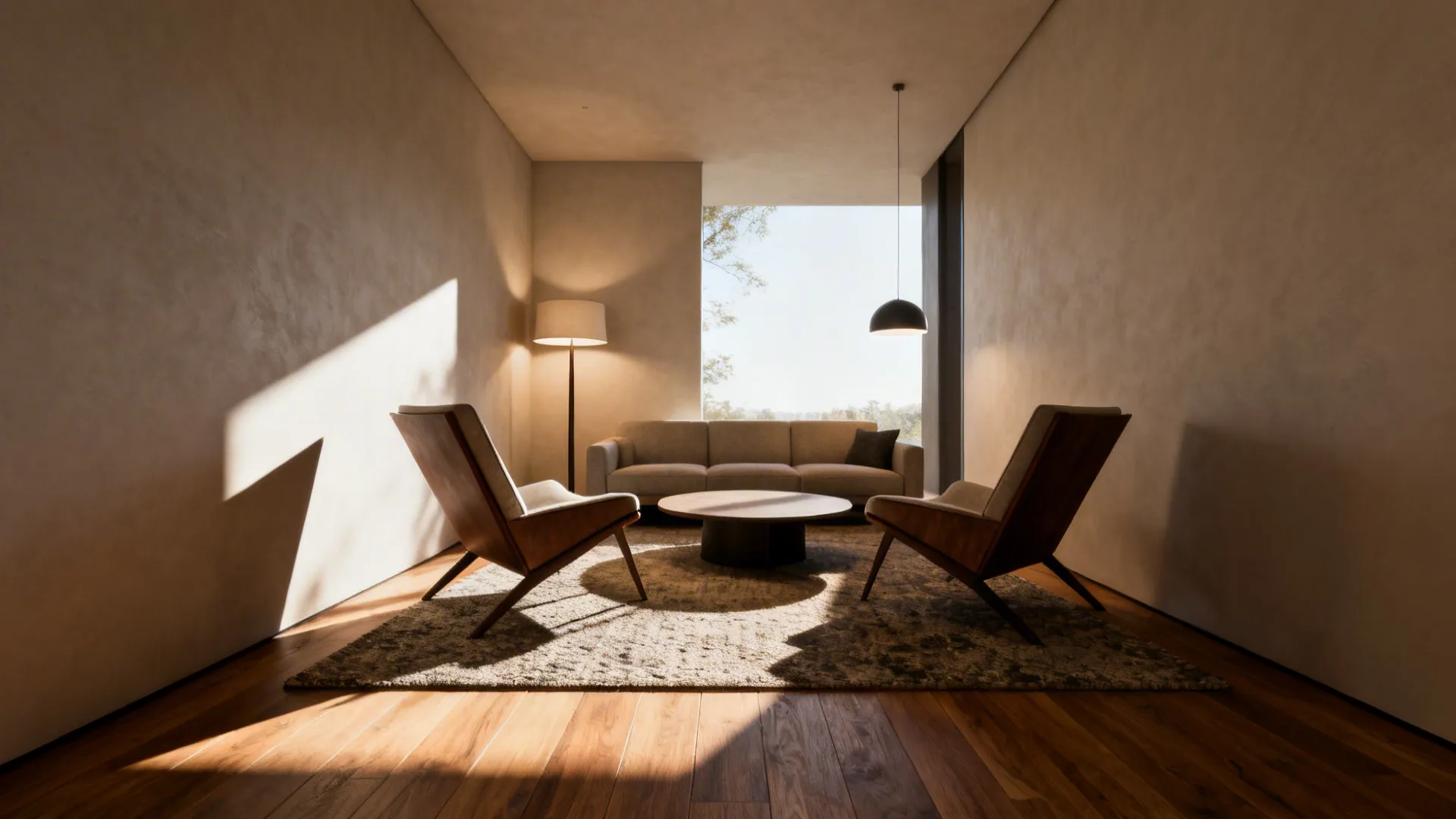 Narrow living room where two chairs are angled toward the sofa with a round coffee table and layered lighting