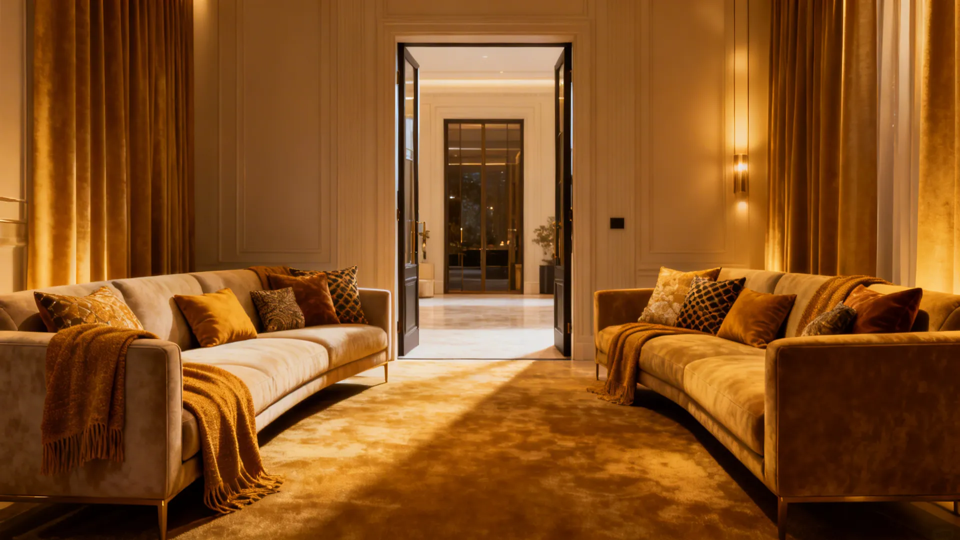 Sofa and loveseat angled toward each other to create a dynamic, friendly seating arrangement.
