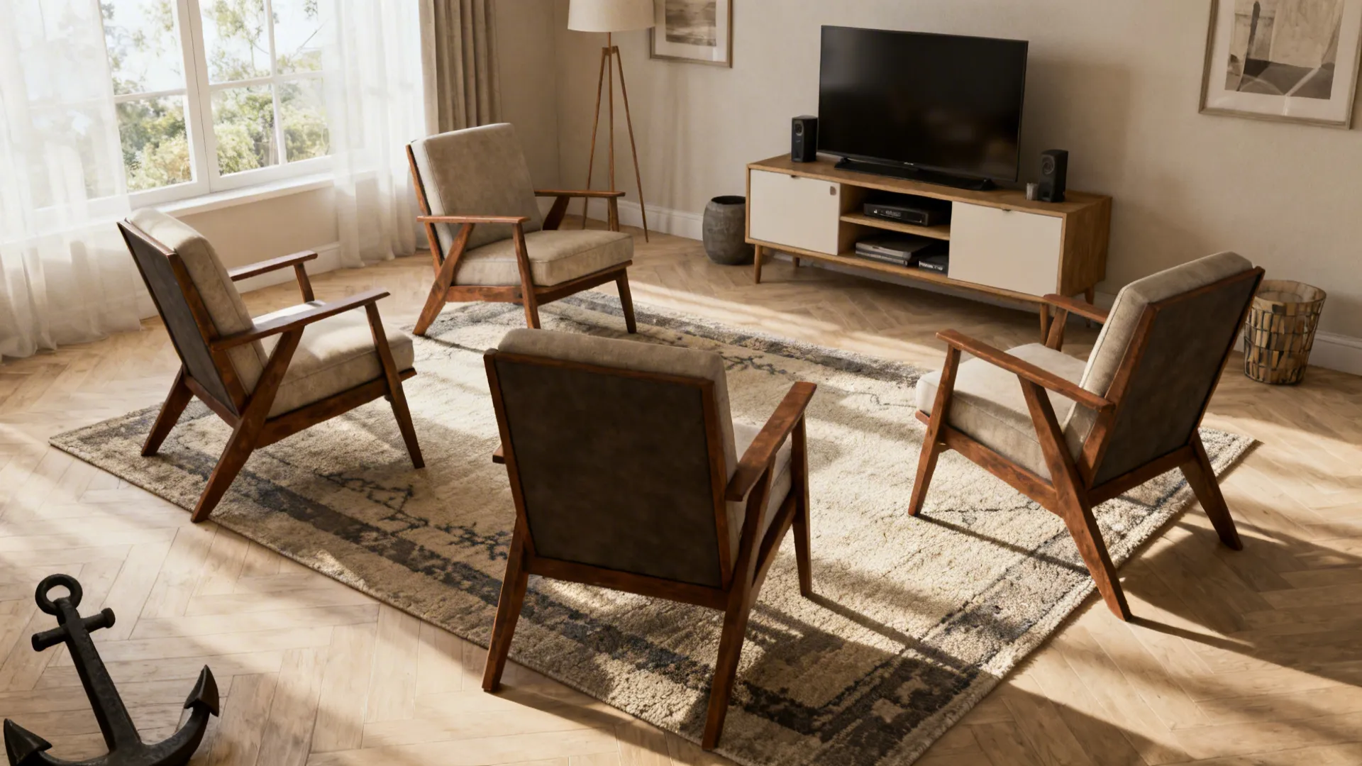 Chairs angled to create diagonal sightlines and open pathways toward a media console in a small living room