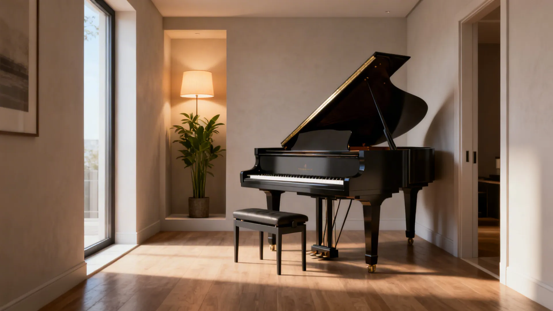 Baby grand piano angled in a small living room creating a clear traffic path and sightlines