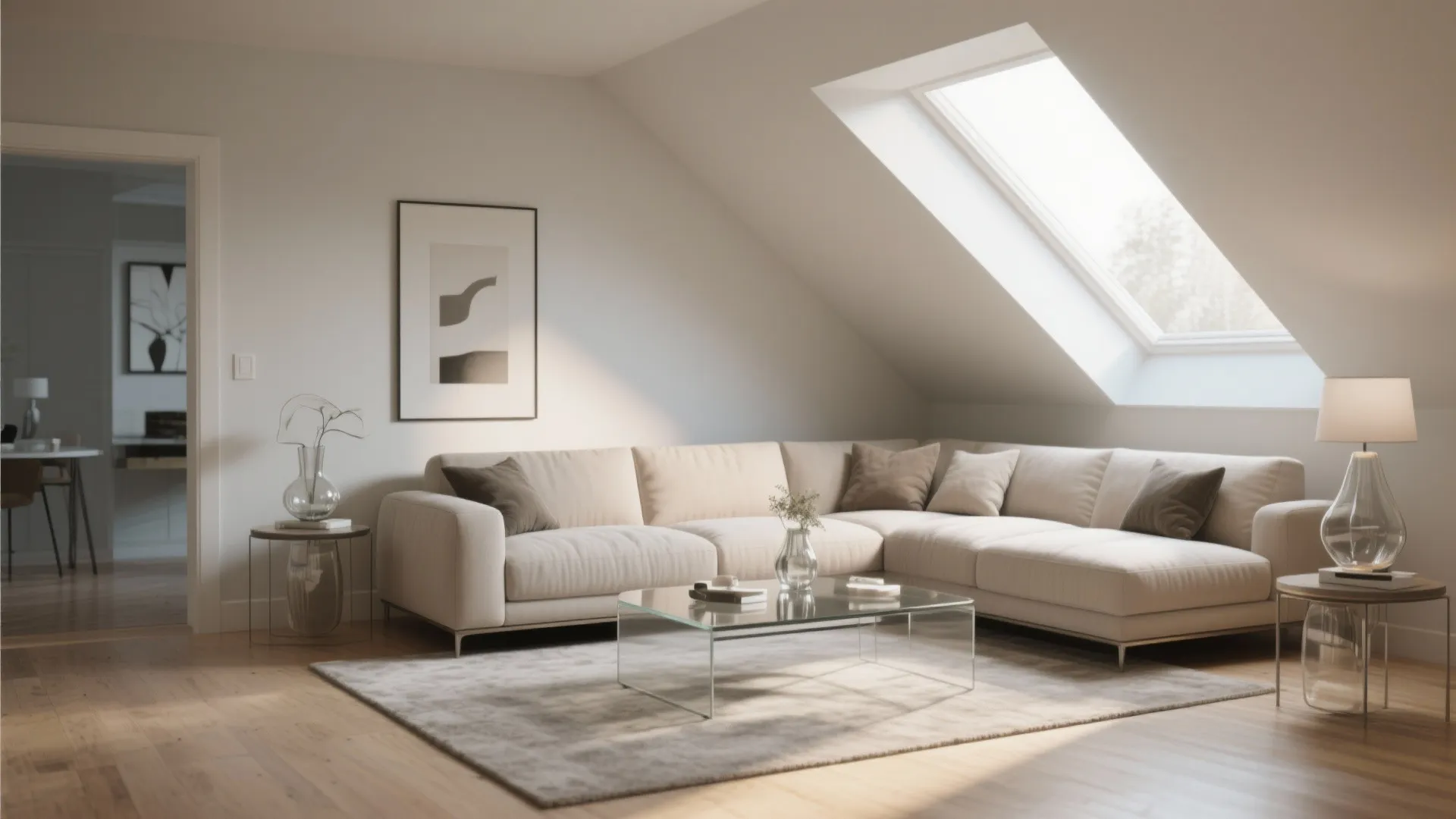 Living room with angled sofa and glass accent decor