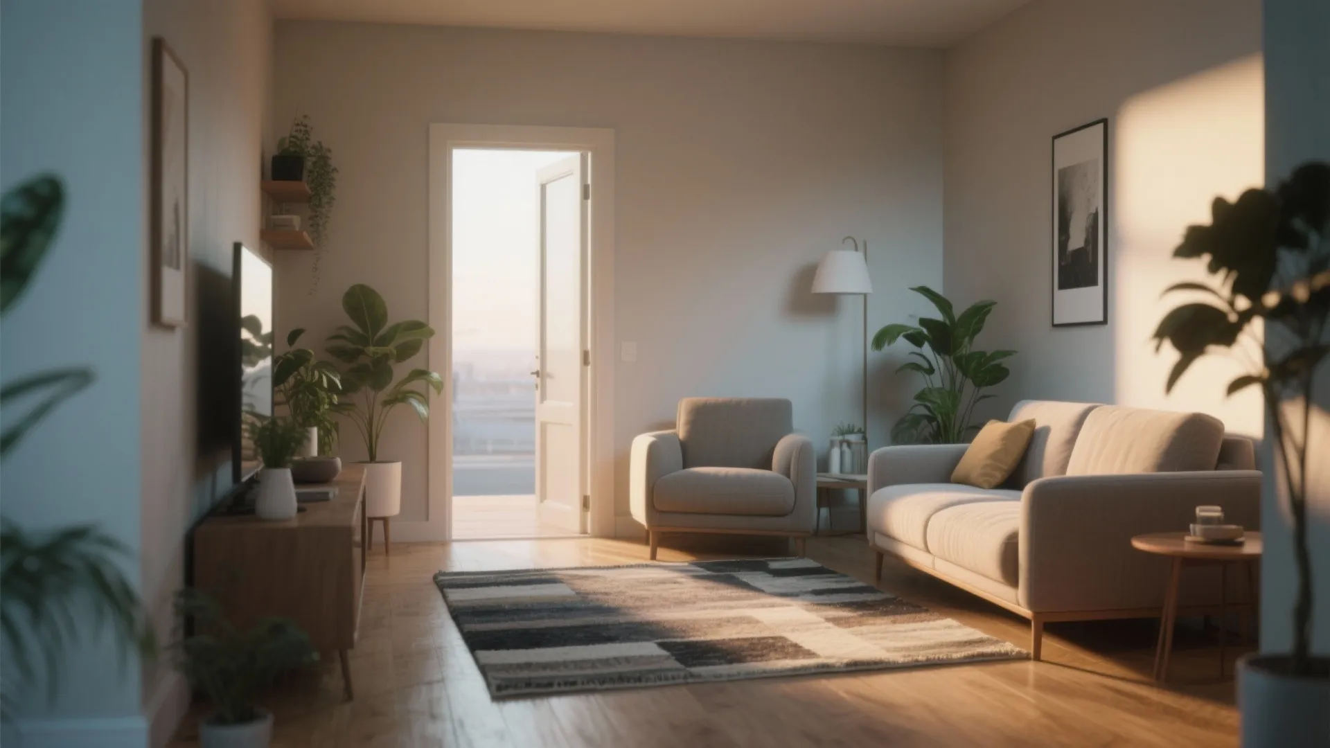 Modern living room with grey sofa armchair wooden floor patterned rug and open balcony door view