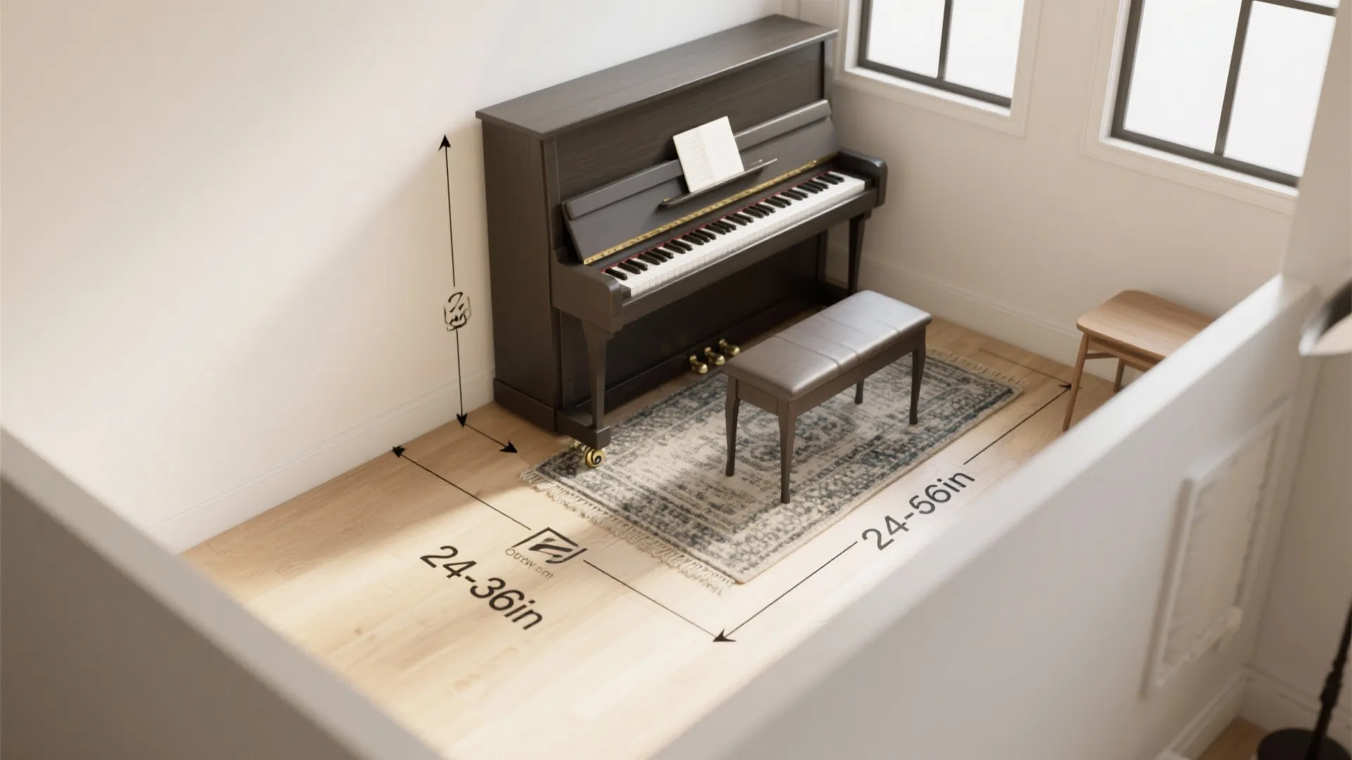 Interior design drawing showing room layout measurements for a piano with bench on wood floor