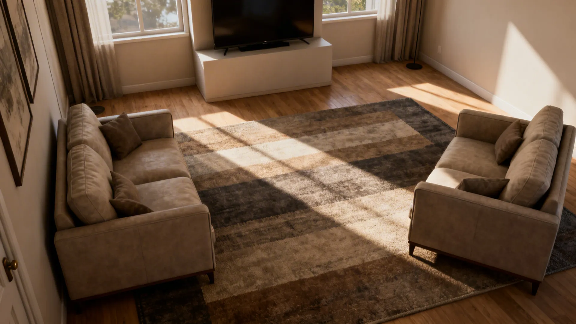 Couch and loveseat placed at gentle angles to open sightlines in a small living room
