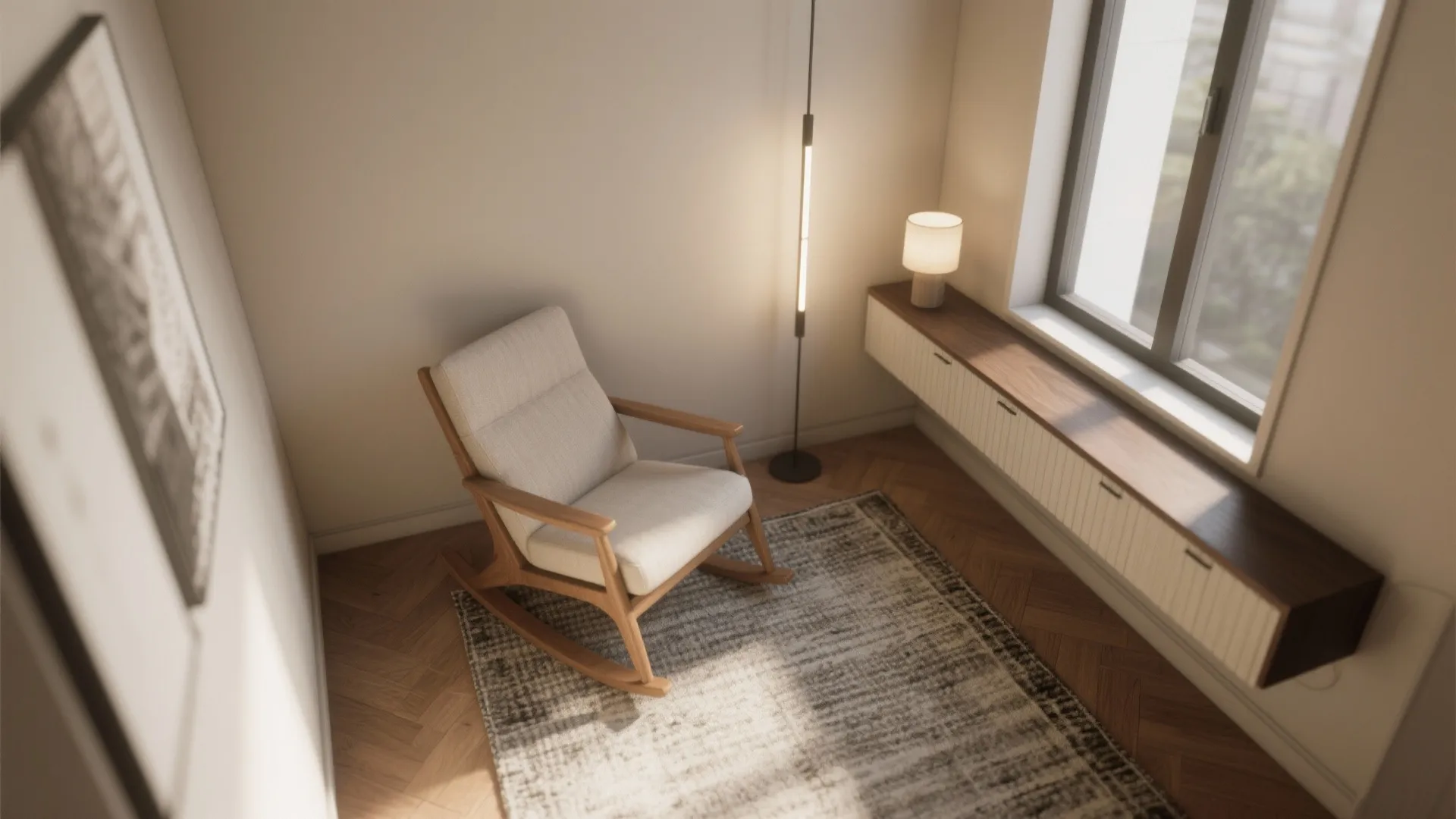 Top-down view of a small room with a rocker placed at 45 degrees, rug anchor and subtle smart lighting.