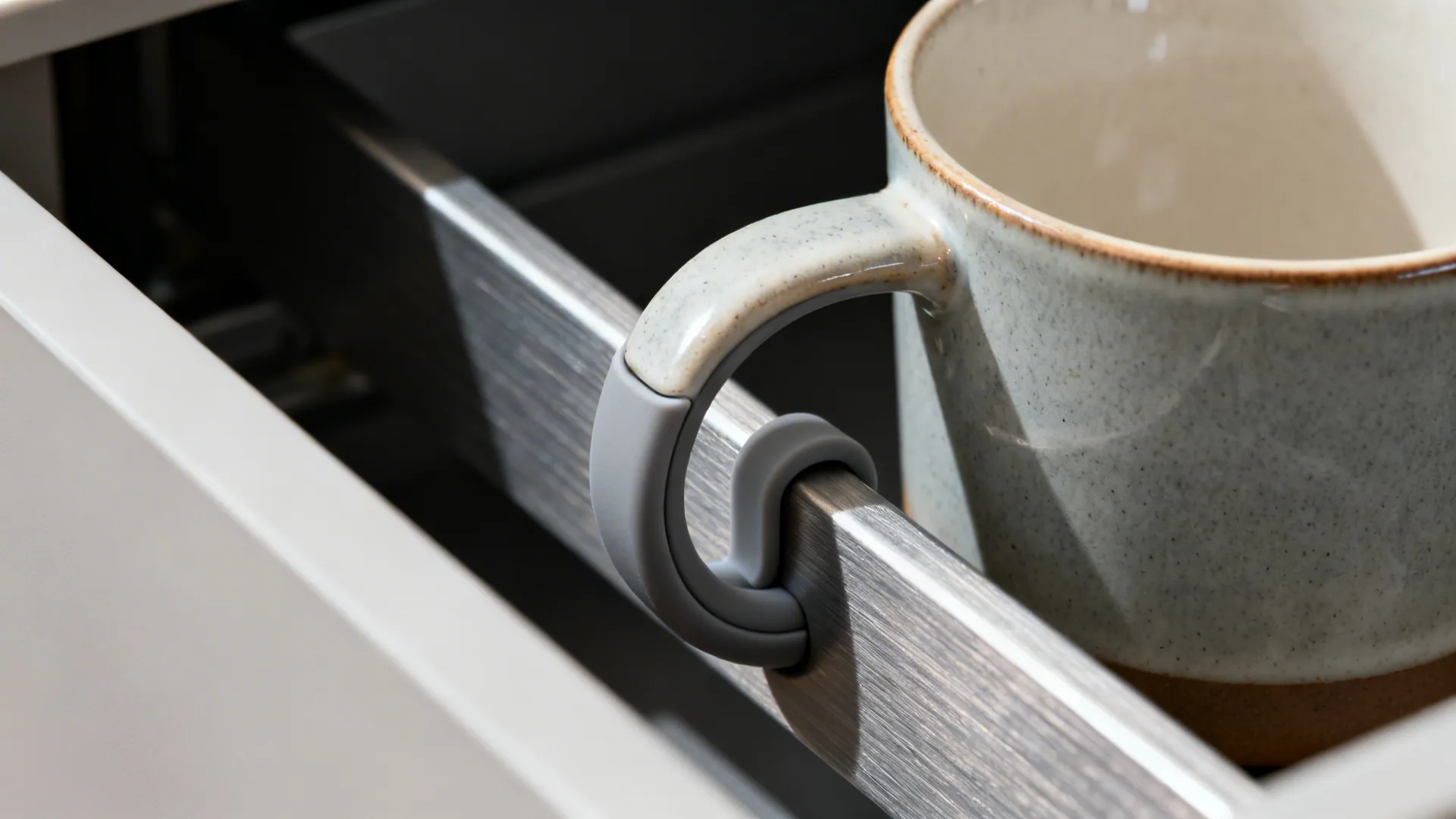 3) Angled rail drawer for quick-grab mugs