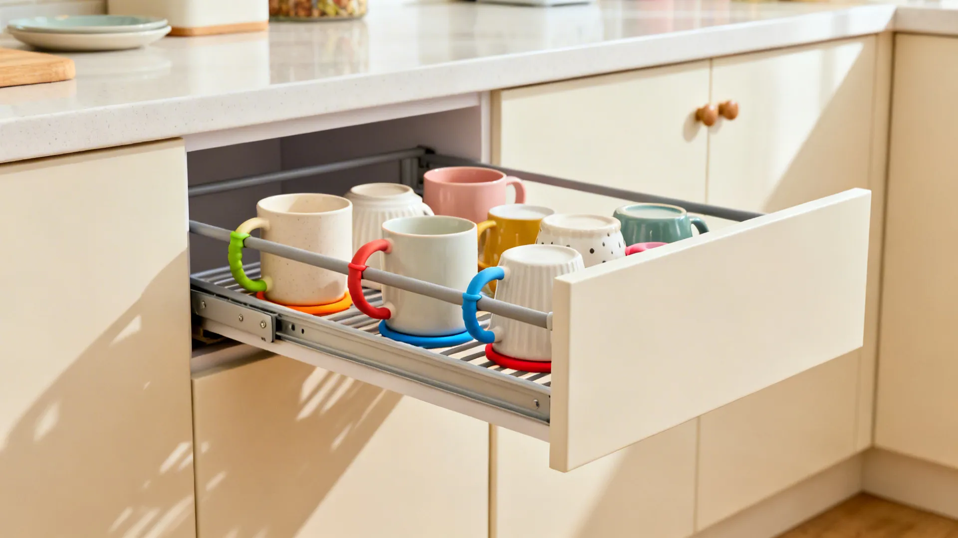 3) Angled rail drawer for quick-grab mugs