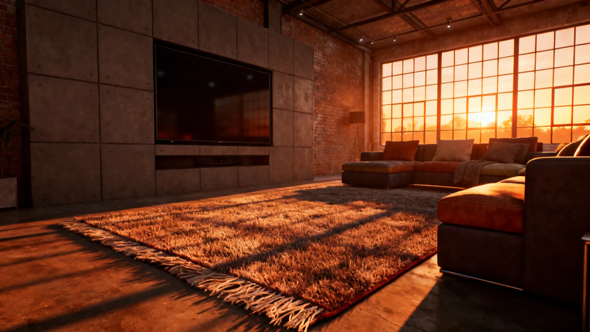 Industrial living room with sunset shining on an orange rug angled near a large sofa