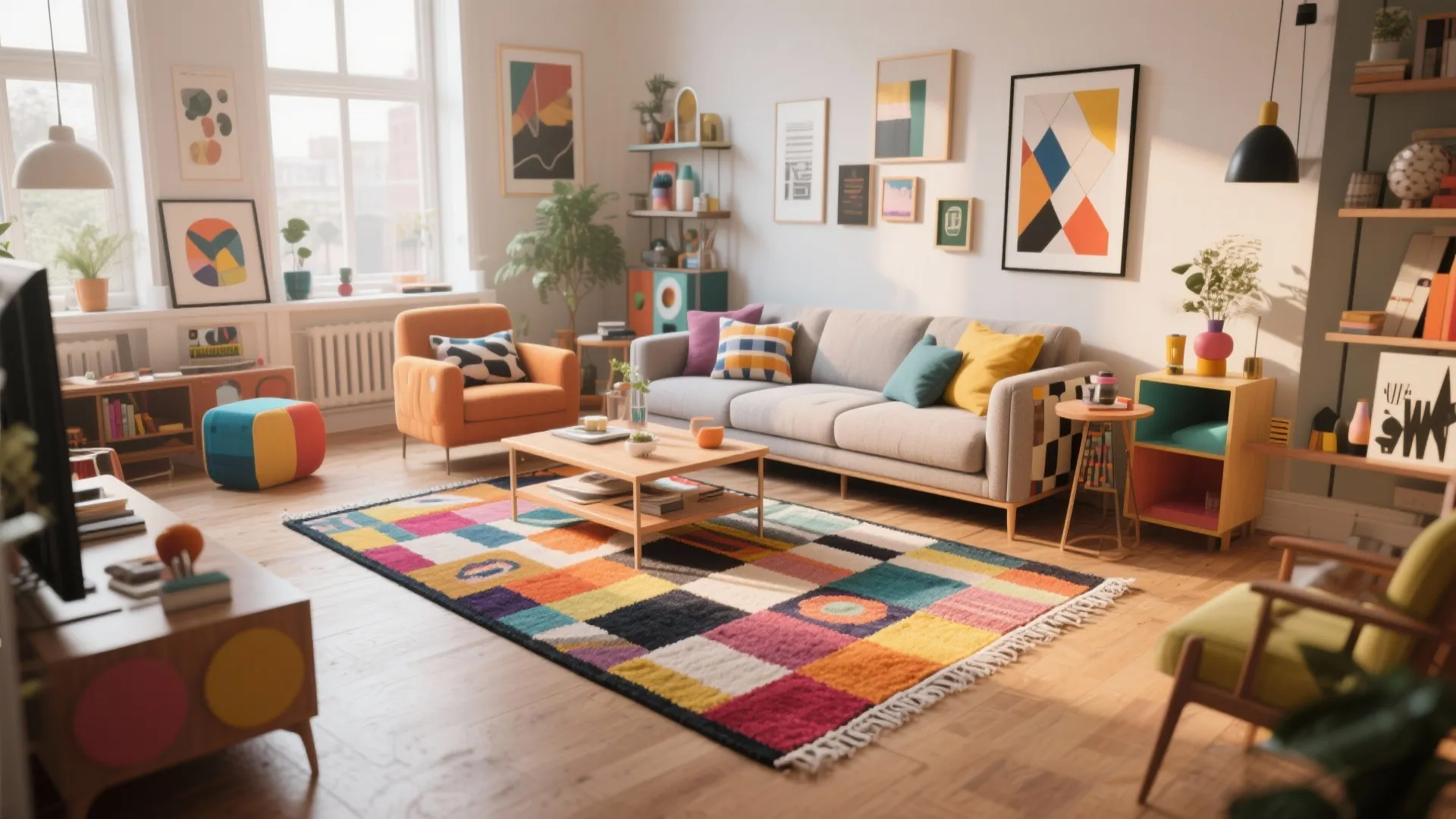 Colorful living room featuring a multi colored checkered rug grey sofa orange chair and wall art