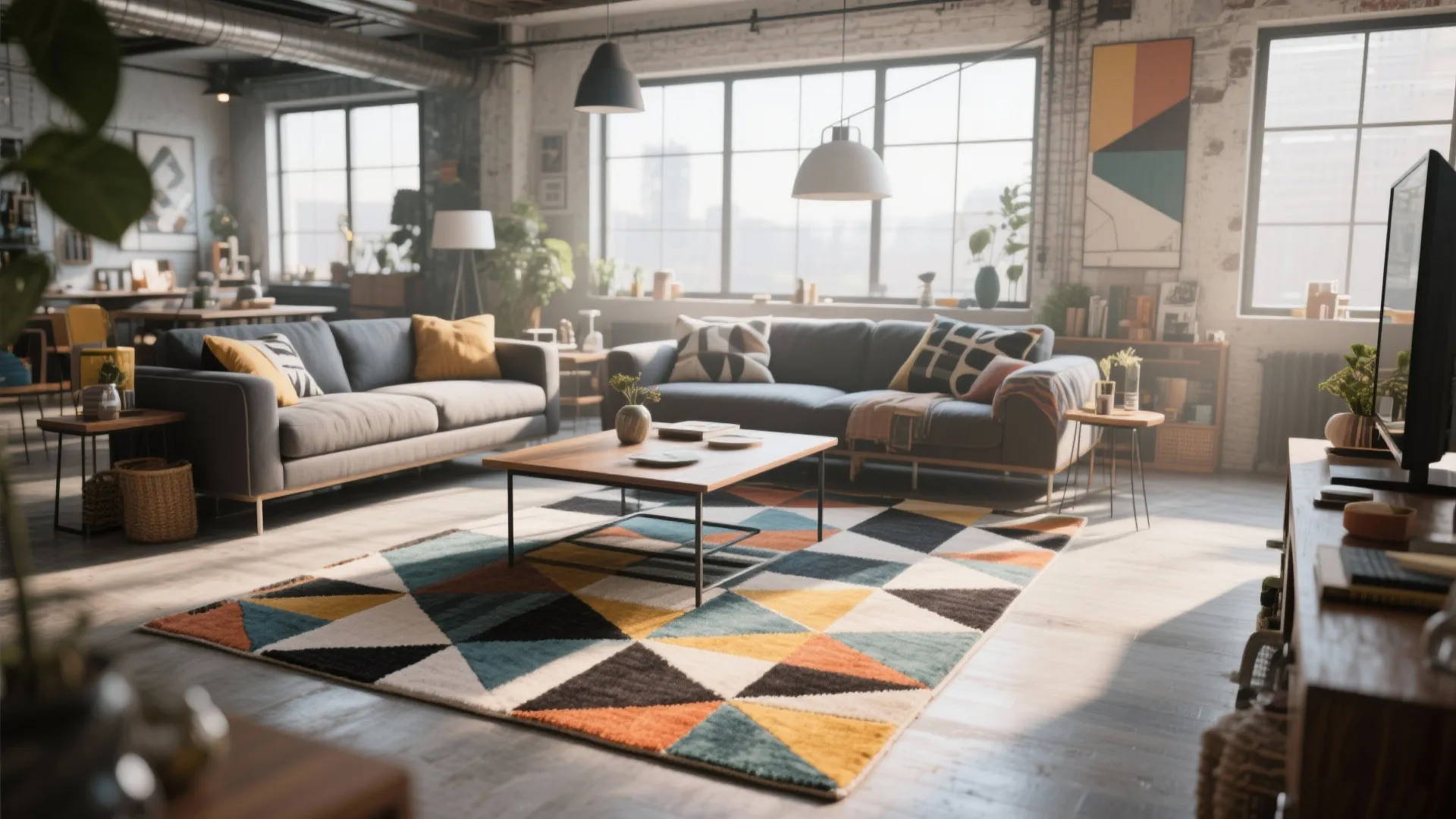 Industrial loft living room with grey sofas and colorful geometric rug placed on wood floor