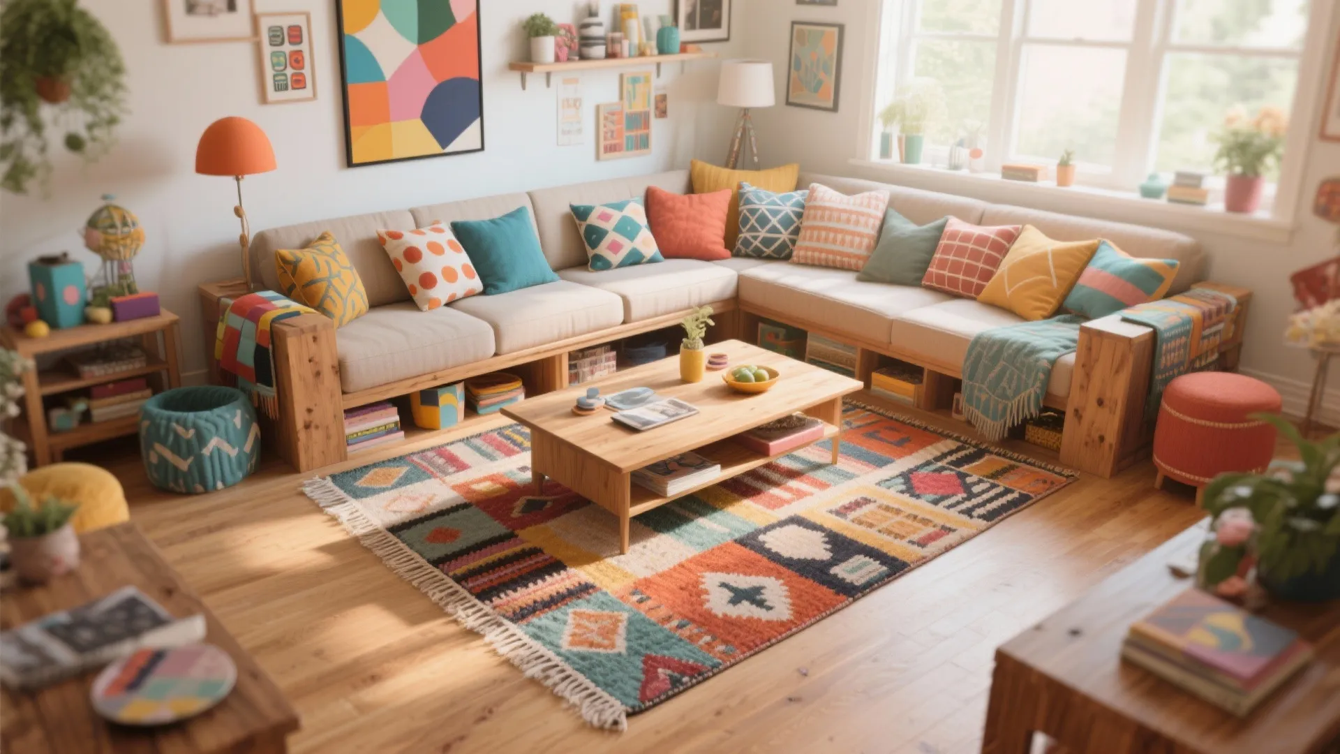 Colorful living room with wooden sofa colorful pillows patterned rug wooden coffee table and wall art