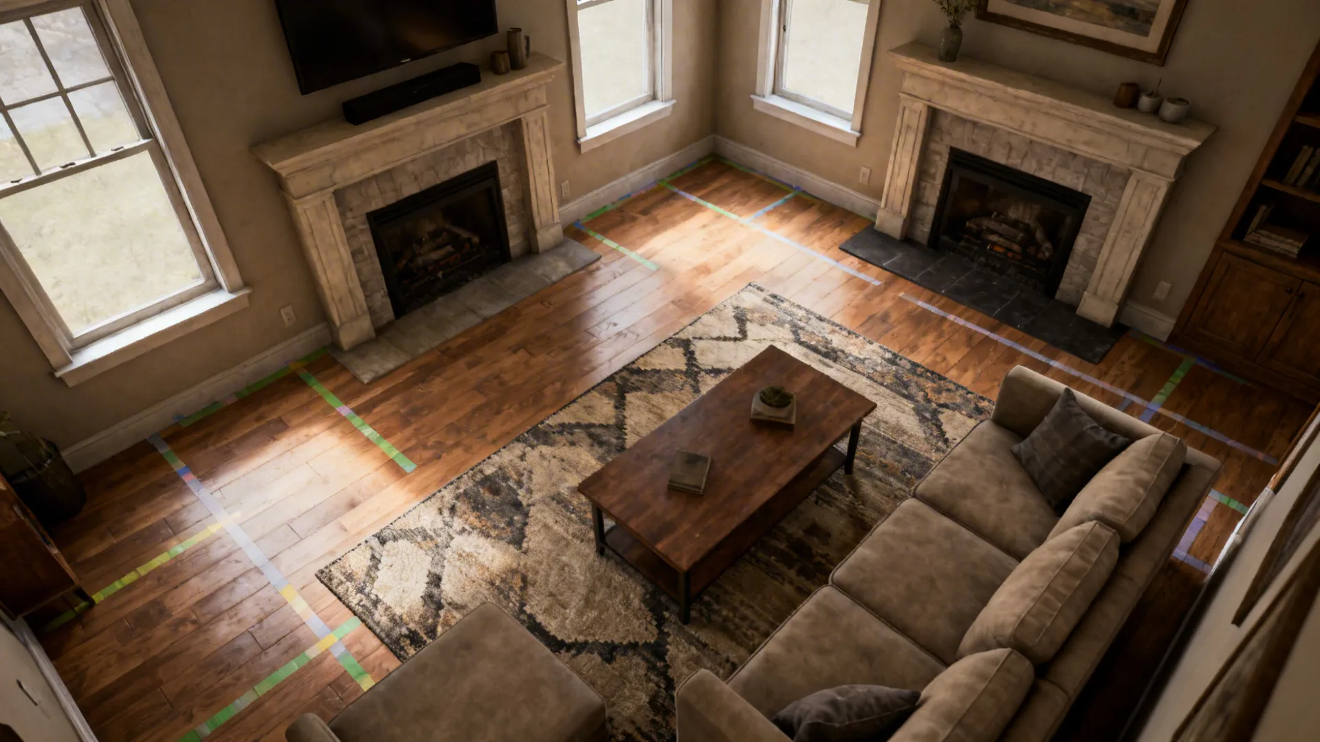 Top-down view of an angled rug and coffee table aligning sightlines between fireplace and windows