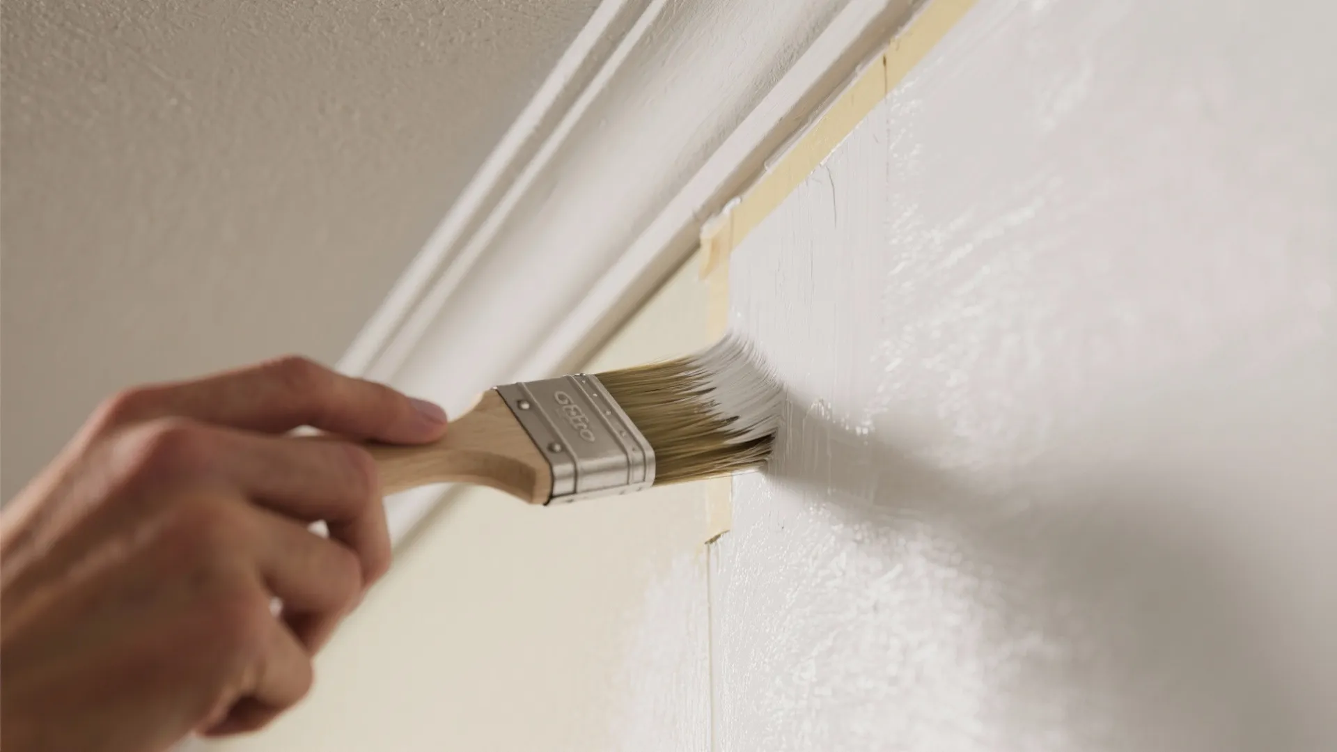 Hand using a paint brush to apply white paint along a wall near the ceiling