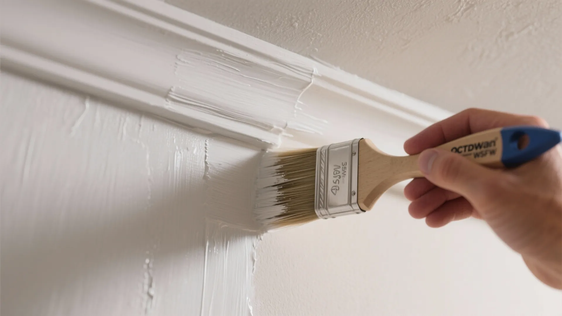 Close-up of a 2.5-inch angled sash brush cutting a precise paint line along trim.