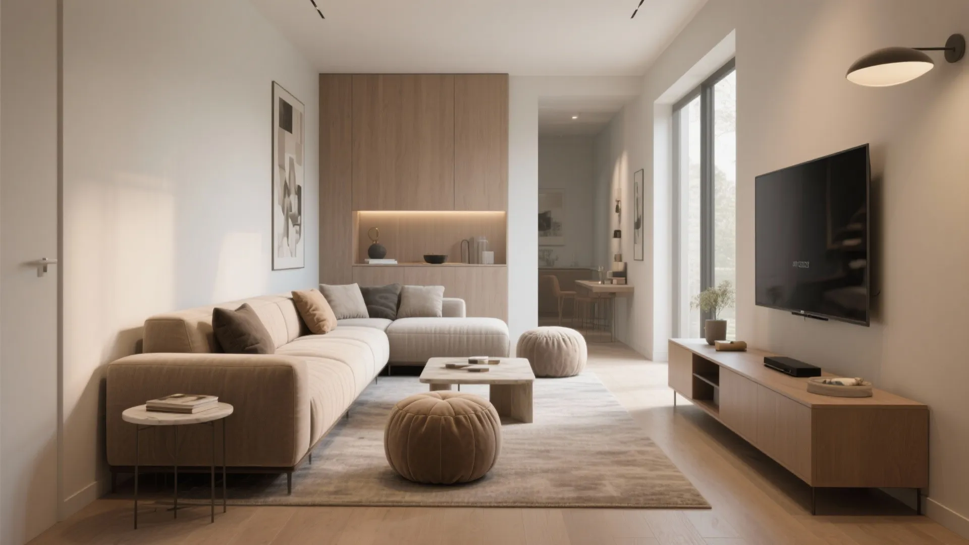 Neutral living room with beige sofa, round footrest, coffee table, and television on wooden cabinet