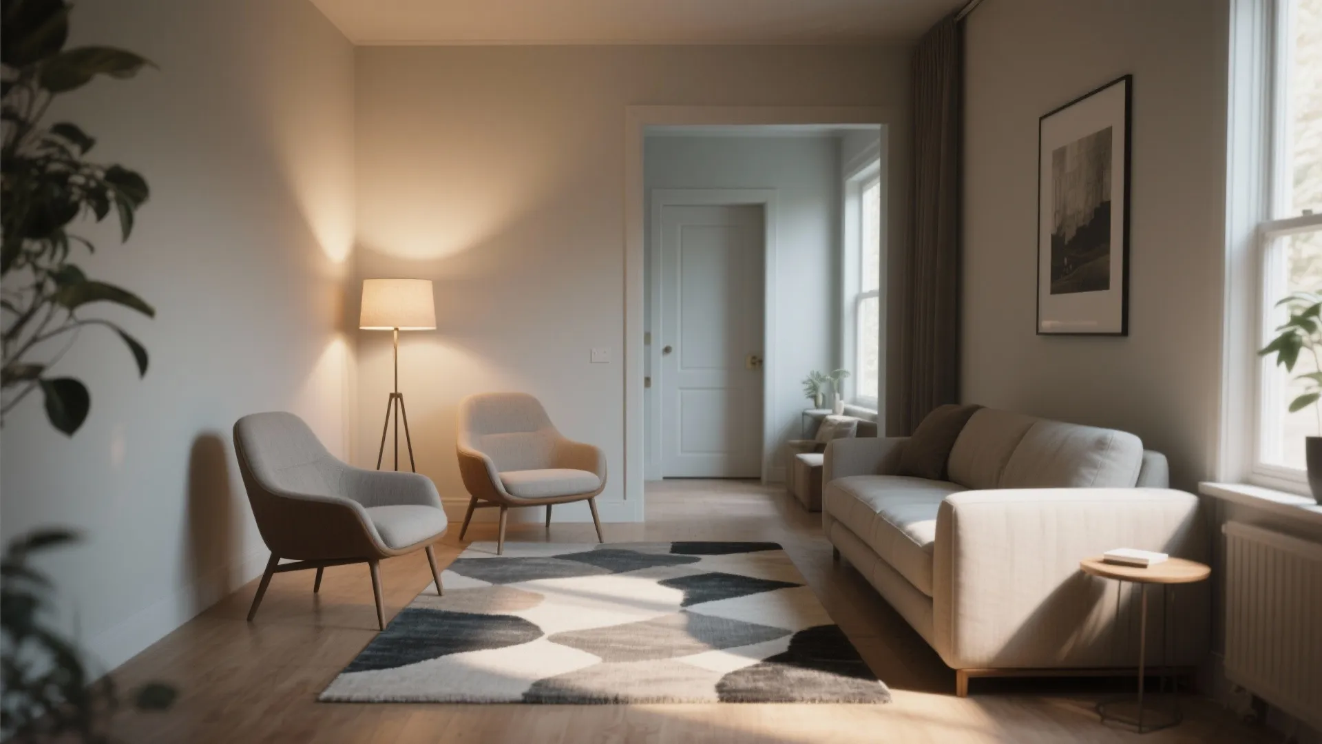 Modern living room featuring two grey chairs, warm floor lamp, beige sofa, and patterned rug