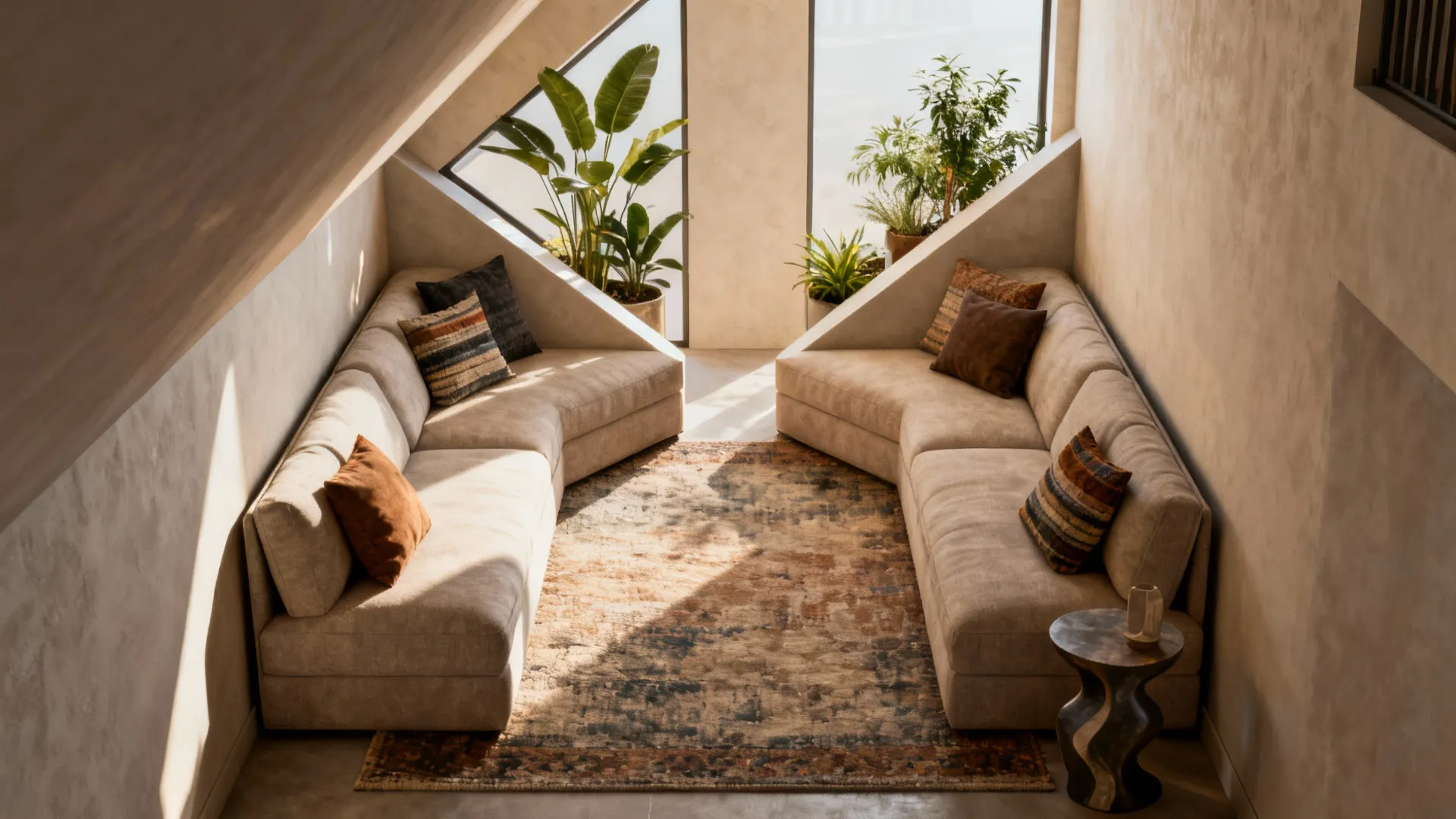 Loft with angled sectionals creating clear traffic flow and triangular styling pockets.