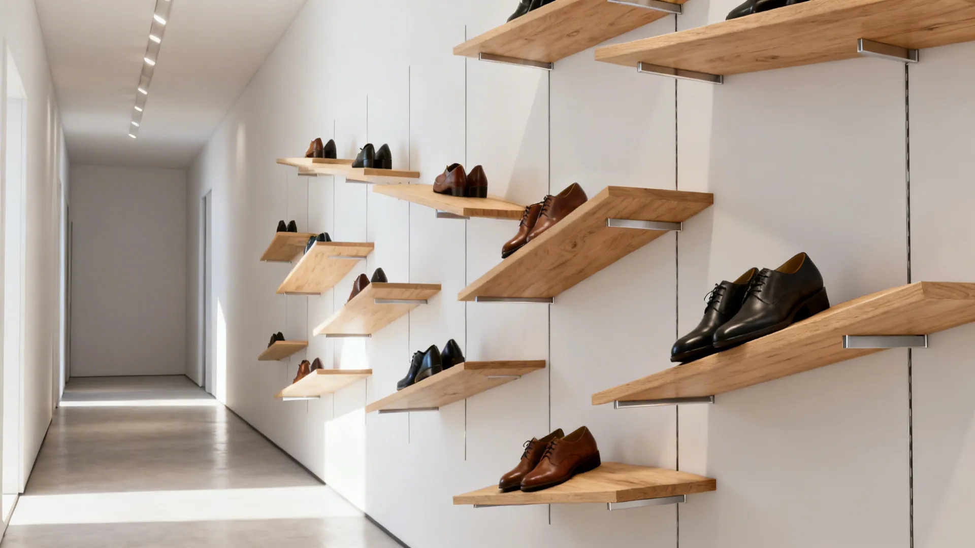 Floating angled shoe shelves in a narrow hallway displaying shoes nose-up