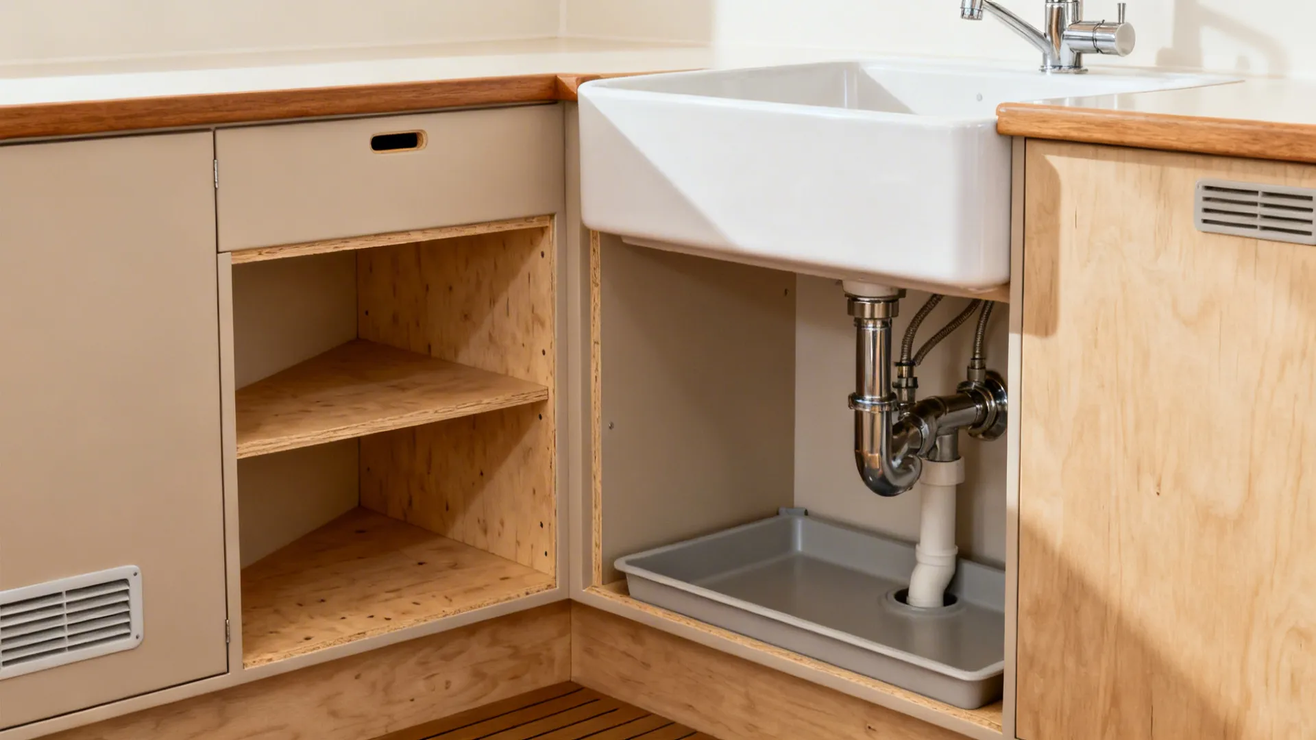 Open kitchen corner cabinet with wooden shelves and plumbing under a white sink with tray