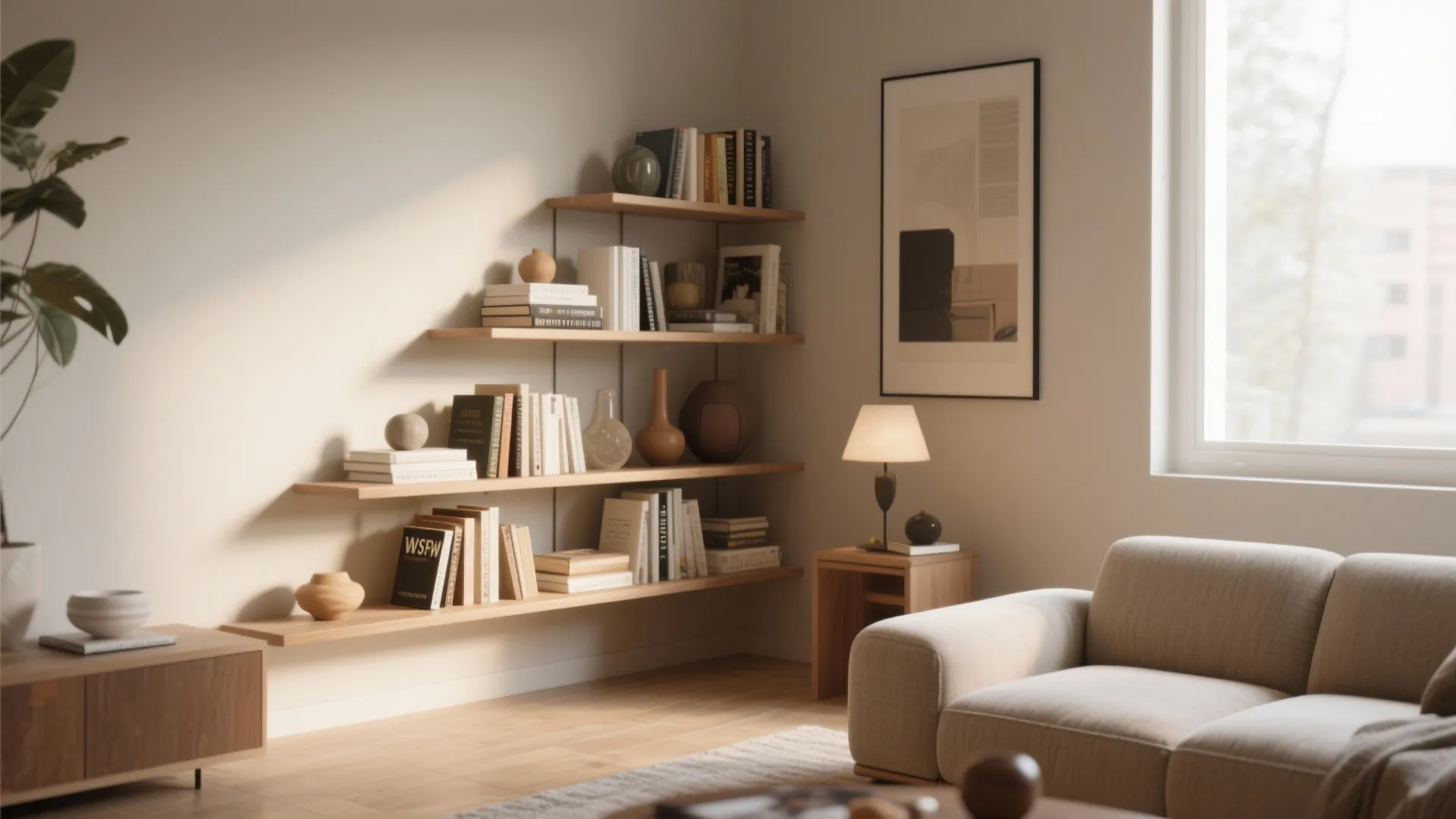 Minimalist living room corner with wooden wall shelves holding books vases and small lamp decoration