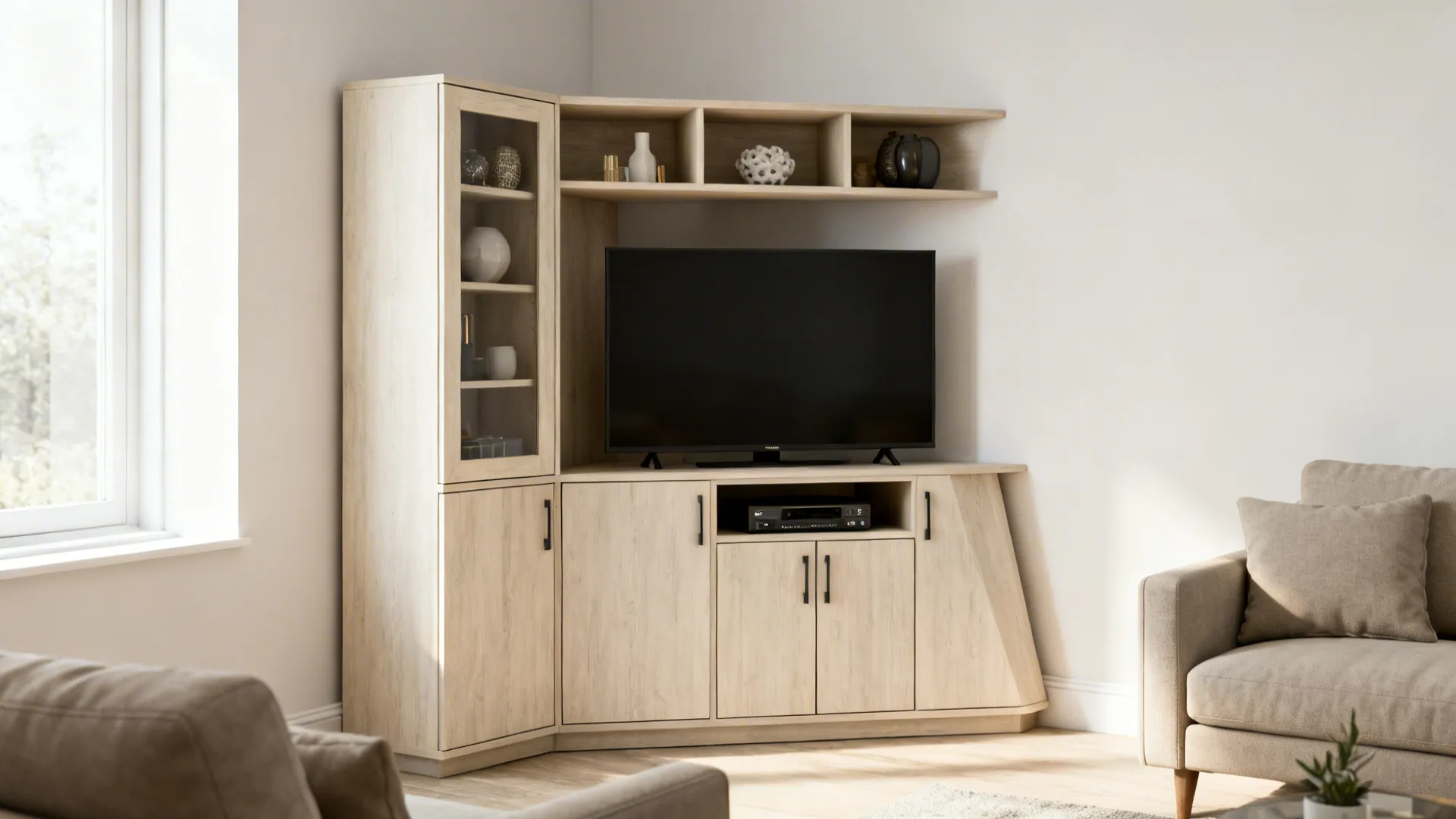 Corner entertainment unit with angled shelves, closed media storage below and open decor above.
