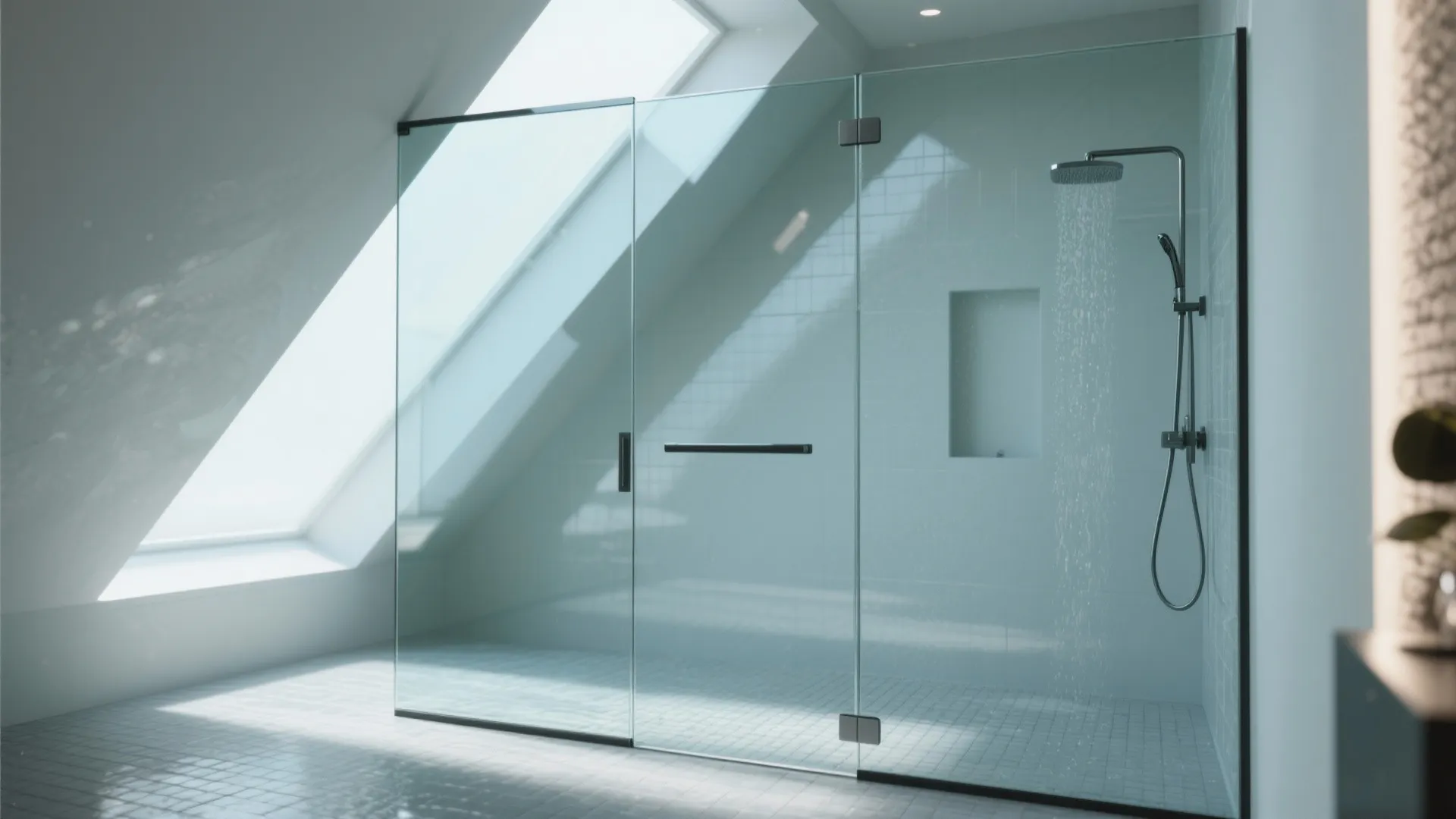 3. Pocket or angled shower doors to fit the roofline