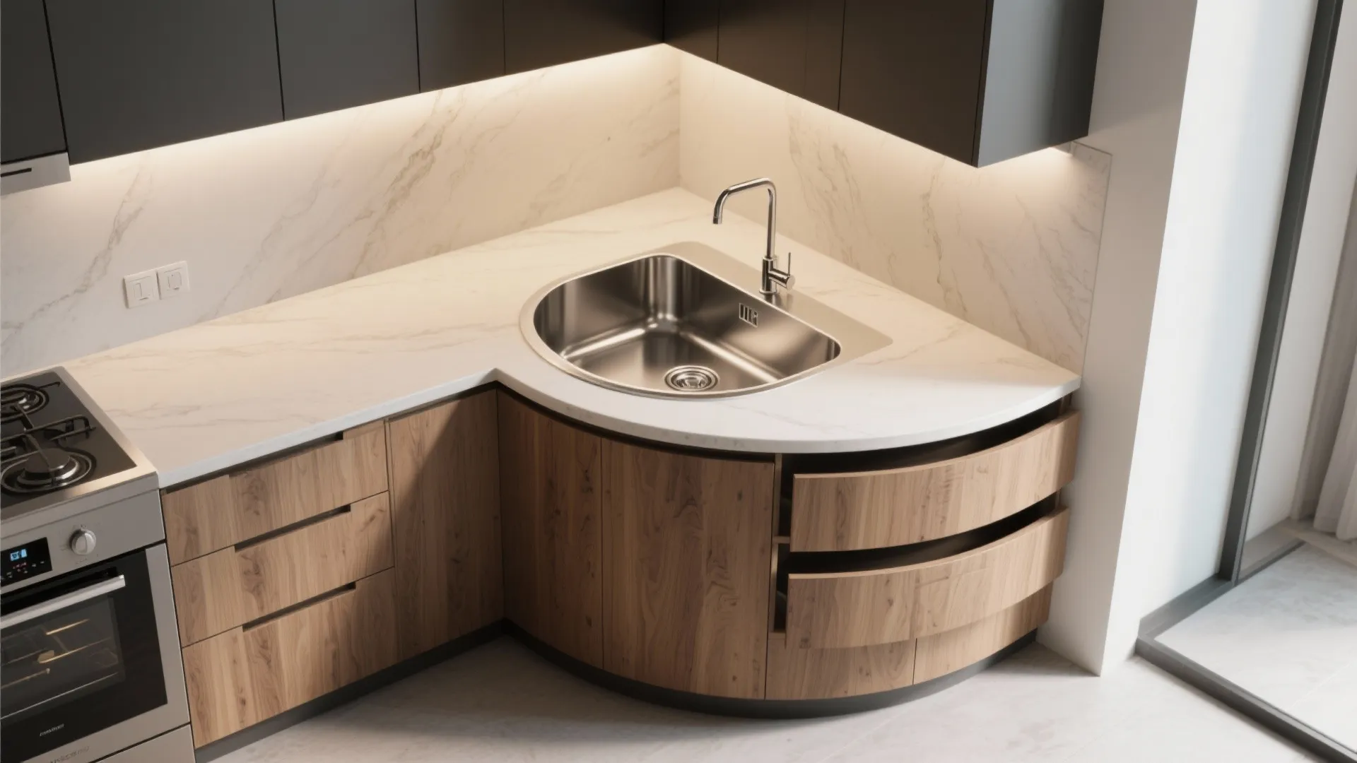 Angled corner sink with storage drawers underneath