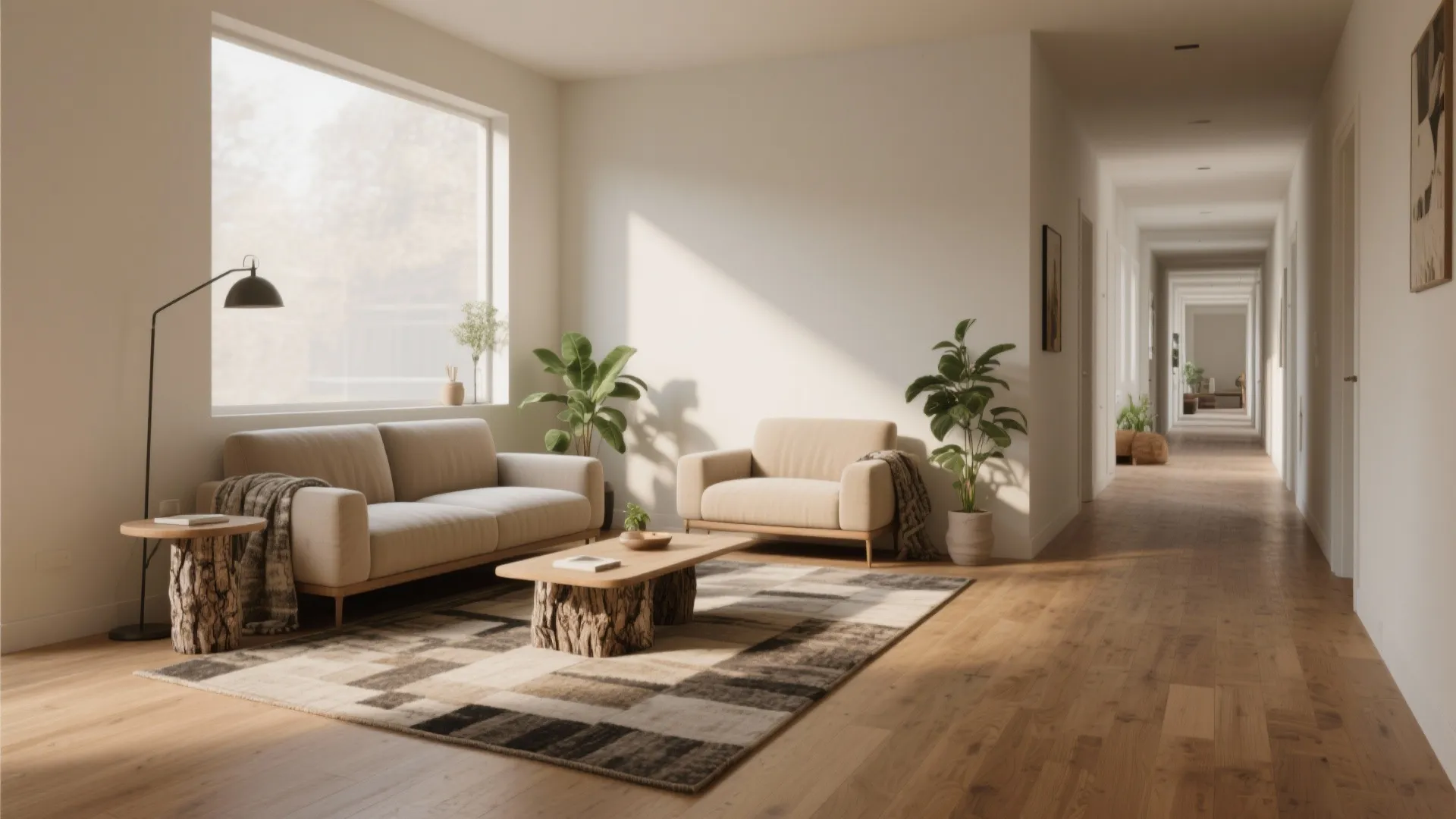 Minimalist living area with beige sofa wooden coffee table floor lamp rug and long white hallway