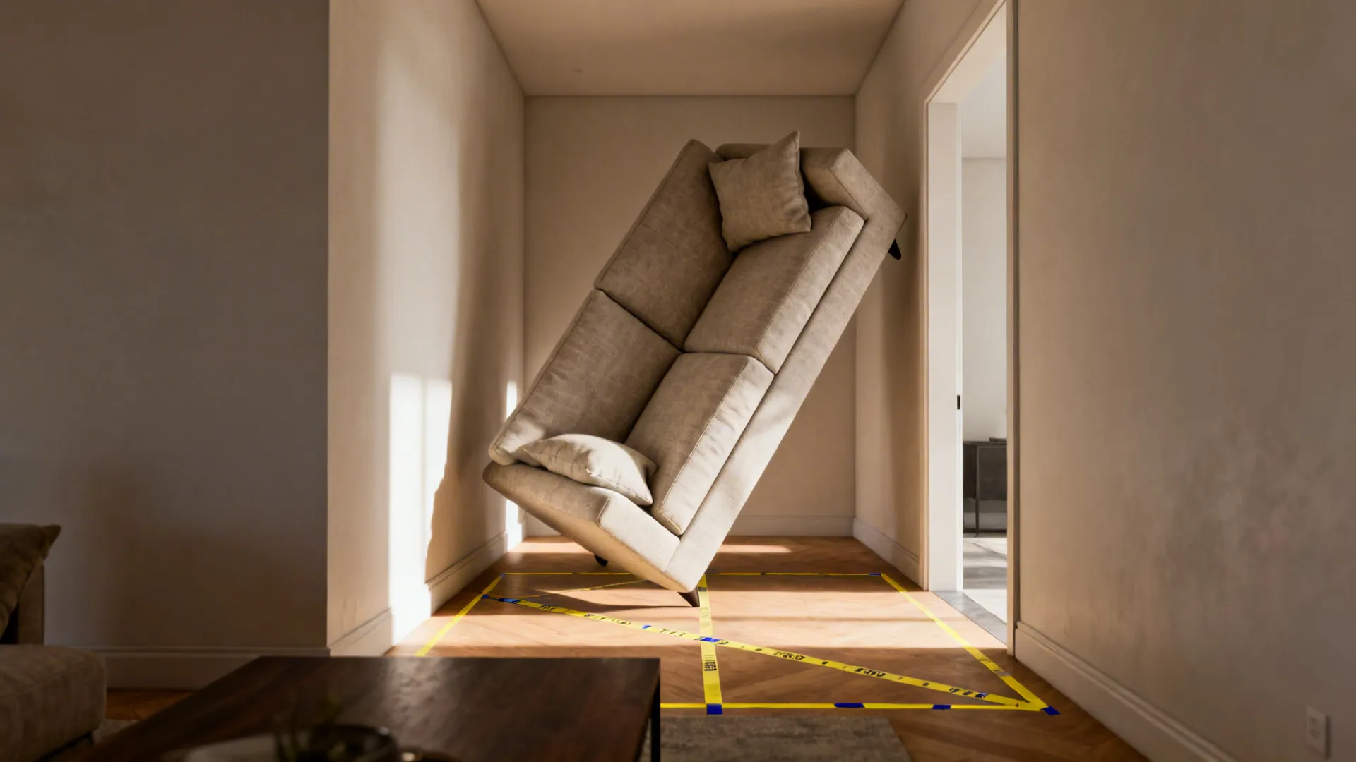 Angled floating sofa in narrow living room with painter's tape showing the tested angle.