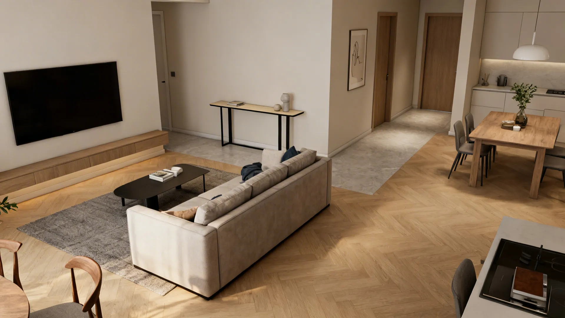 Angled sofa and console creating a natural walkway between living and dining areas