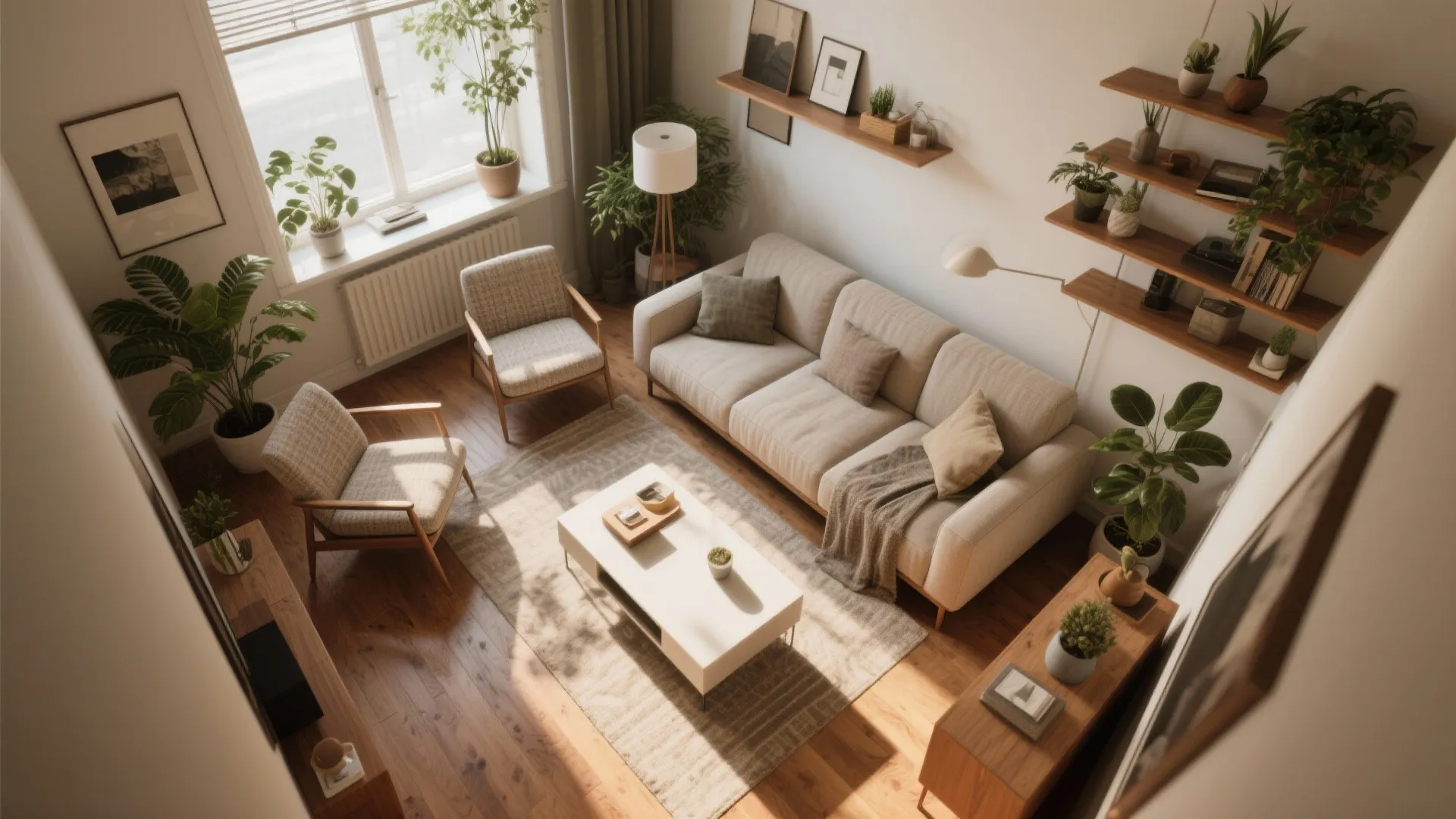 Top-down view of a small living room layout with an angled sofa and floating seating to maintain clear sightlines.