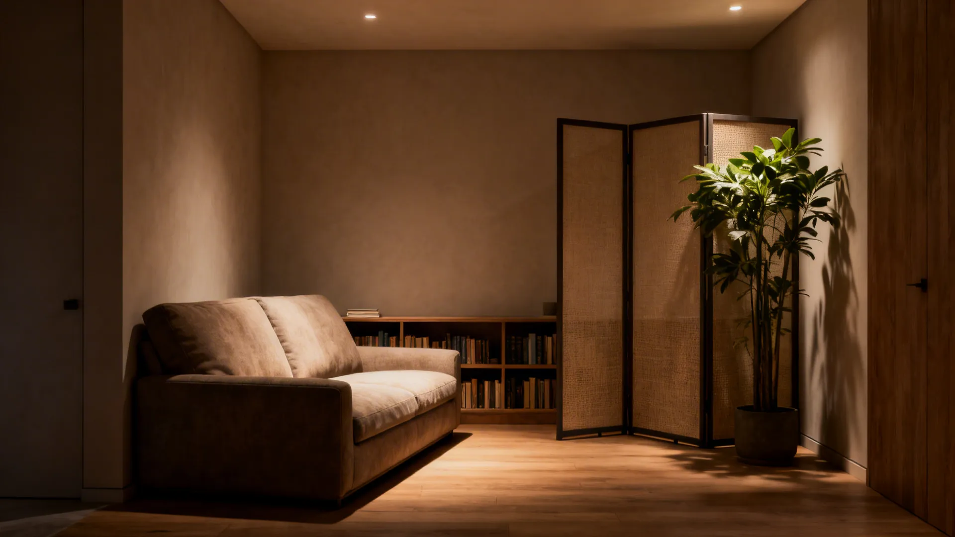 Sofa angled toward a corner with a screen and tall plant behind it, creating privacy while keeping sightlines open.