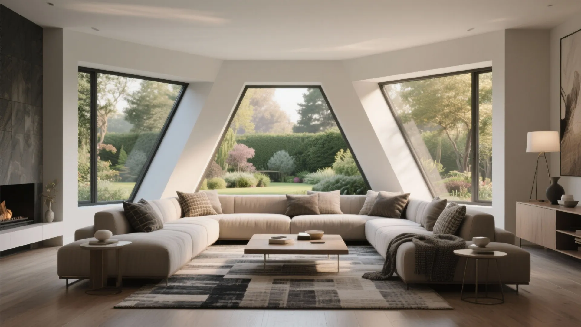 Living room with two sofas angled toward a window framing a garden view