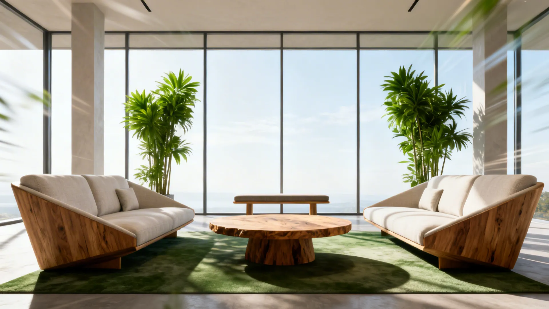 Two sofas angled toward a panoramic window with a round coffee table and plants.