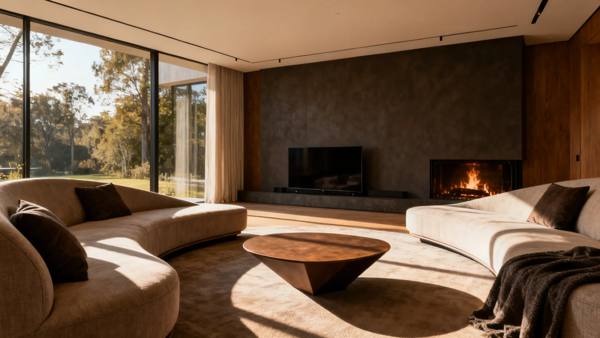 Two sofas angled toward a corner fireplace with a round coffee table, creating dynamic sight lines
