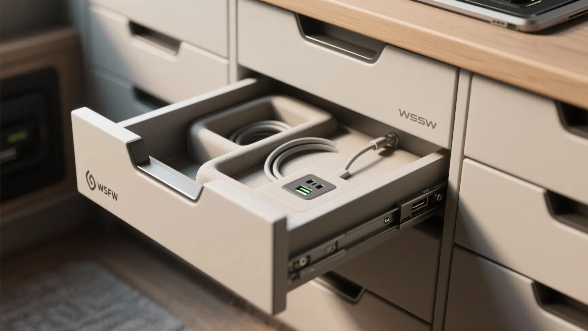 White office drawer open showing built in power outlet with usb ports and charging cables