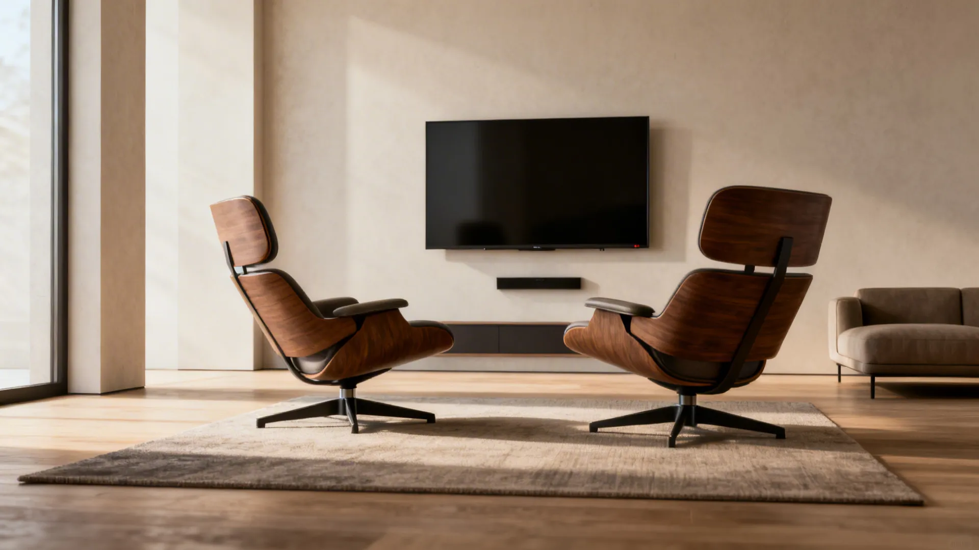 Two swivel chairs slightly angled toward a TV with a low rug anchoring the layout in a small living room.