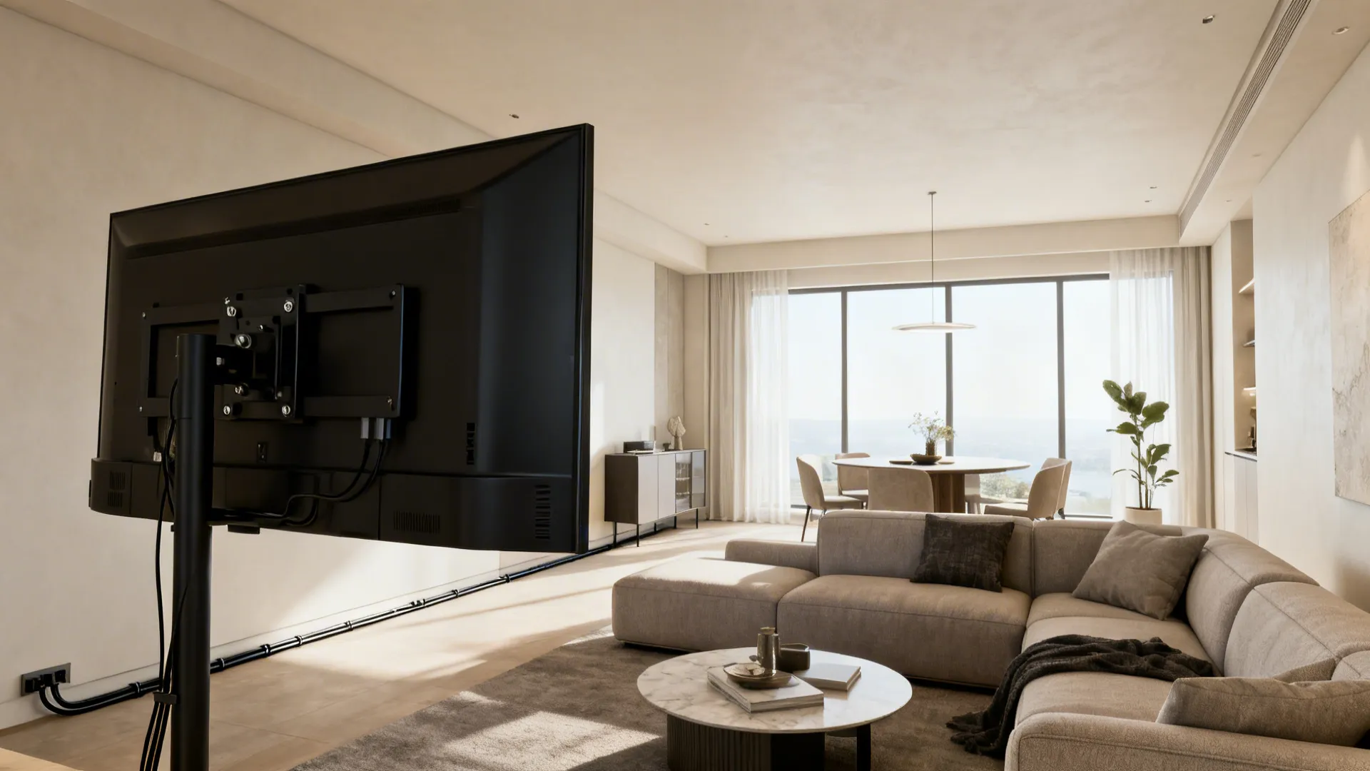 Angled TV on a swivel mount visible from multiple seating orientations with neat cable management