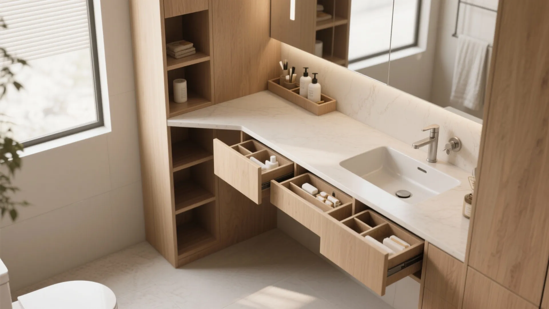 5. Angled Vanity with Hidden Nooks