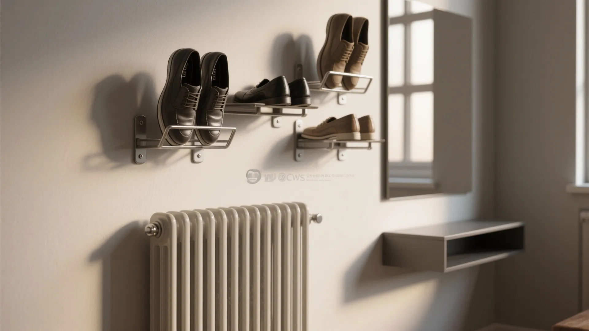 Wall mounted metal shoe racks holding brown and black leather shoes above a white metal radiator