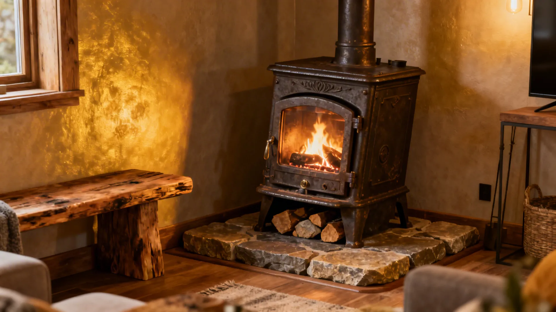Cast-iron wood-burning stove angled into a small living room, radiating warmth.