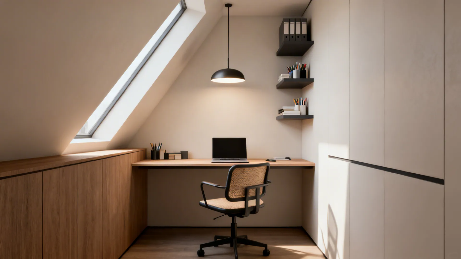Compact workspace fitted into an angled wall nook with slim desk and pendant light.