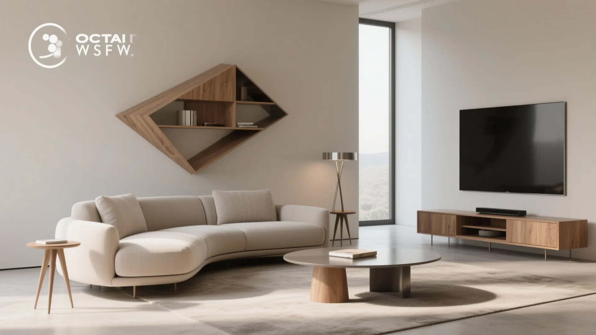 Curved sofa contrasted with geometric shelving, tapered-leg tables and a rectangular media wall for definition.
