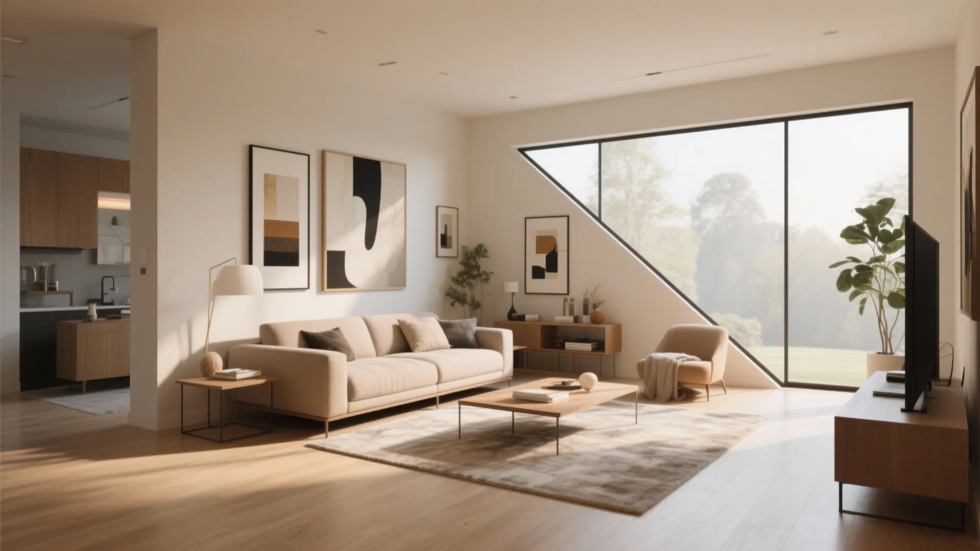 Modern beige living room with large triangular window wooden floor cream sofa and abstract wall art